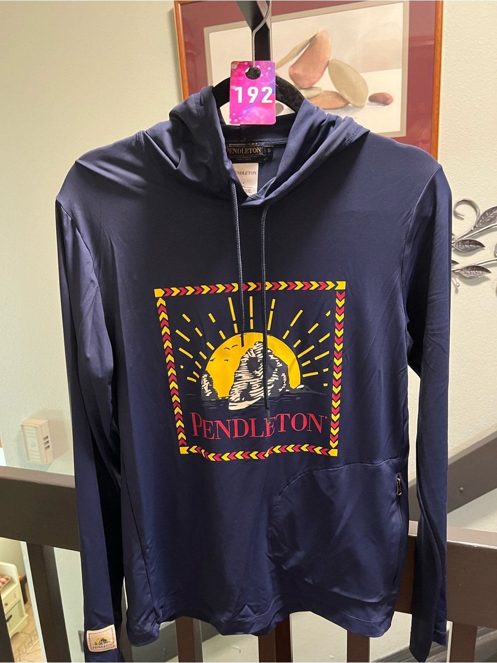 Pendleton Navy Graphic Crewneck Hoodie with Yellow & Red Sun Motif #192